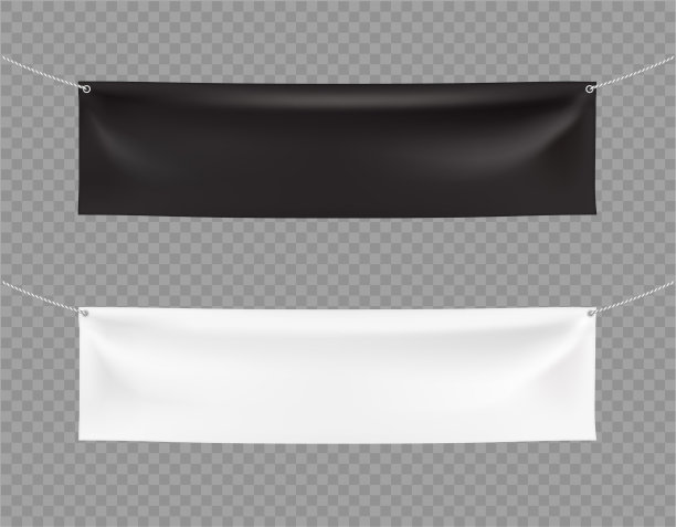 黑白横幅。向量现实的模板。模型。两条横横幅悬挂在绳子上，背景是透明的。纺织品，PVC，乙烯基，尼龙。用于演示、促销、广告图片下载