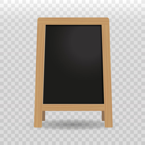 街道上的黑色木制黑板。模型。矢量三维现实。空模板与木框隔离透明。户外展位，用于咖啡馆，餐厅，菜单的广告和展示。图片下载
