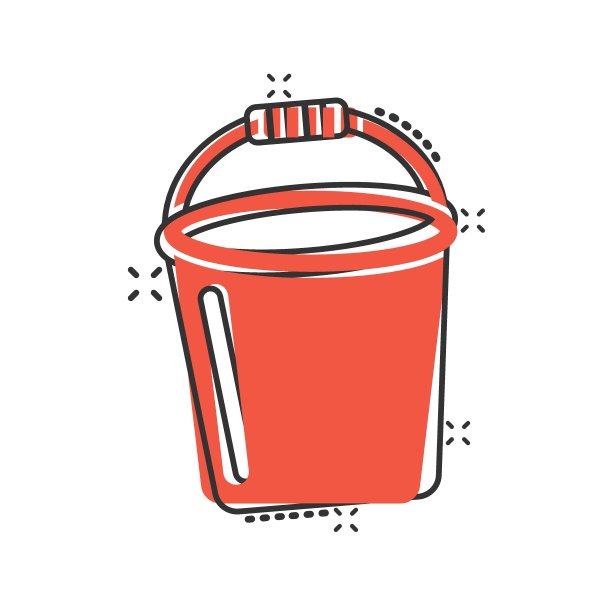 漫画风格的桶图标。垃圾桶卡通矢量插图在白色孤立的背景。桶飞溅效应经营理念。图片下载