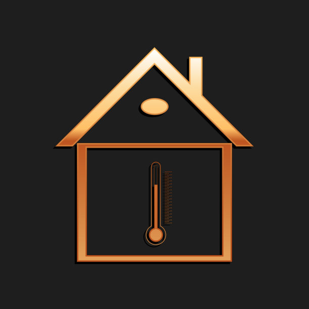 金色房子温度图标孤立在黑色背景。温度计图标。长长的阴影风格。向量图片下载