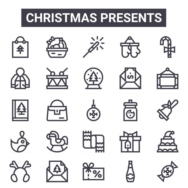 圣诞礼物大纲图标集。包括细线图标，如圣诞袋，毛衣，饼干罐，礼品盒，香槟，烟花，糖果，雪花球。可用于报告，演示，图片下载