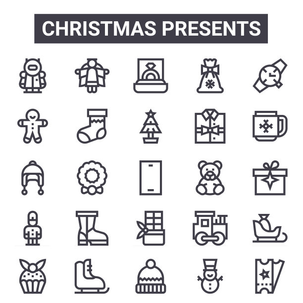 圣诞礼物大纲图标集。包括瘦线图标，如机器人，姜饼人，泰迪熊，玩具，雪人，戒指，票，圣诞树。可用于报告，演示，图表，图片下载