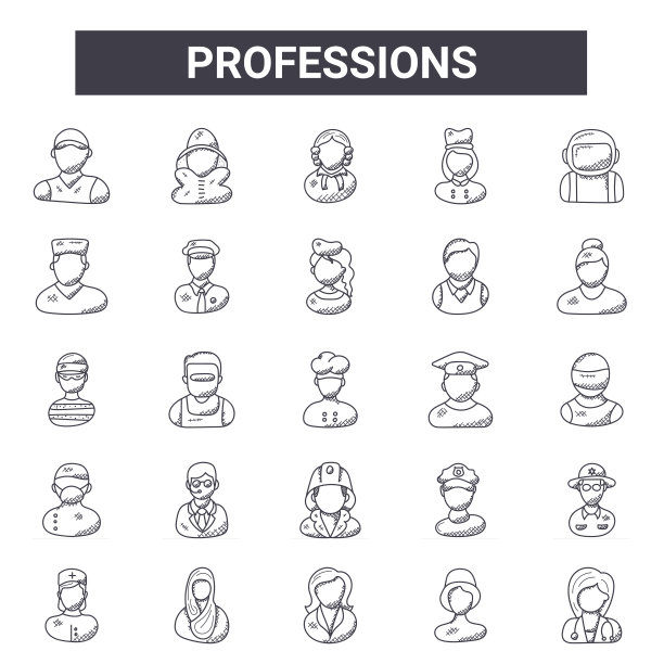 职业大纲图标集。包括棒球运动员，行李员，司机，警察，女演员，律师，女医生，空中小姐等细线图标。可用于报告，演示，图表，图片下载