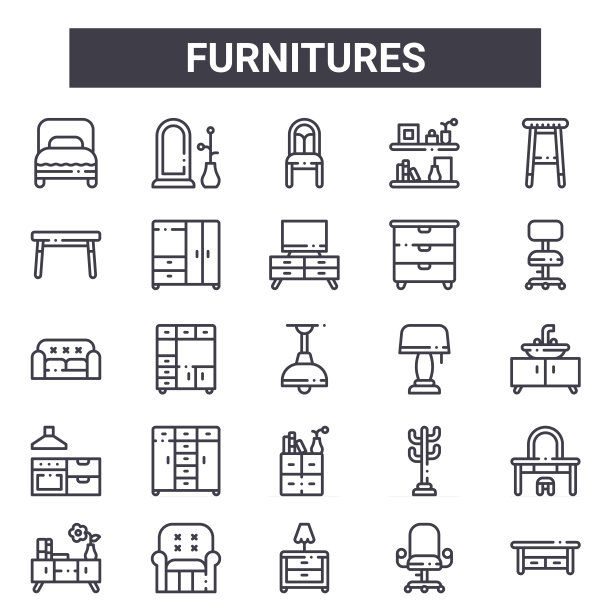 家具轮廓图标集。包括单人床、餐桌、台灯、衣帽架、桌椅、椅子、桌子、电视桌等细线图标。可用于报告，演示，图表，网络和图片下载