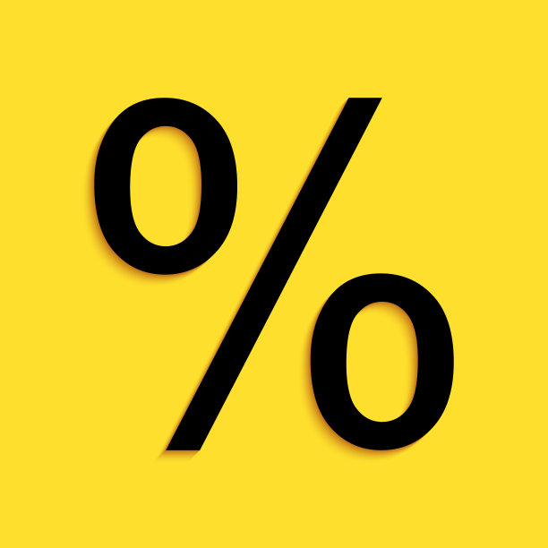黑色百分比符号折扣图标孤立在黄色背景。销售百分比-价格标签，标签。长长的阴影风格。向量图片下载