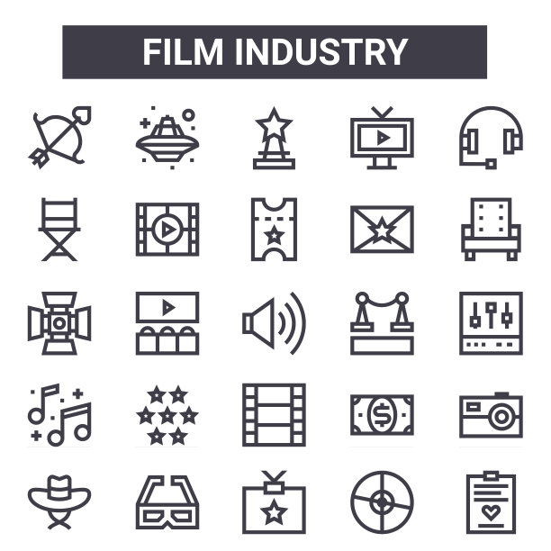 电影工业大纲图标集。包括细线图标，如箭头，椅子，地毯，钱，cd，奖品，脚本，票。可以用于报表，演示，图表，网页和手机的设计图片下载