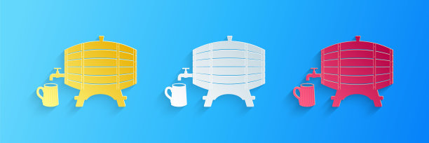 剪纸木桶架与旋塞和木制啤酒杯图标隔离在蓝色背景。纸艺术风格。向量图片下载