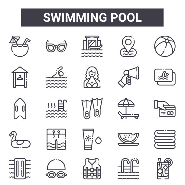 游泳池轮廓图标设置。包括椰子饮料、更衣室、日光浴床、西瓜、游泳池、度假村、软饮料、女人等细线图标。可用于报告，演示，图片下载