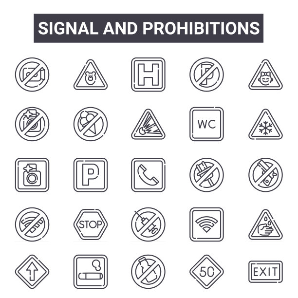信号和禁止大纲图标设置。包括细线图标，如没有摄像头，没有摄像头，没有插头，wifi，速度，医院，出口，爆炸。可以用于报告，演示，图表，网络图片下载