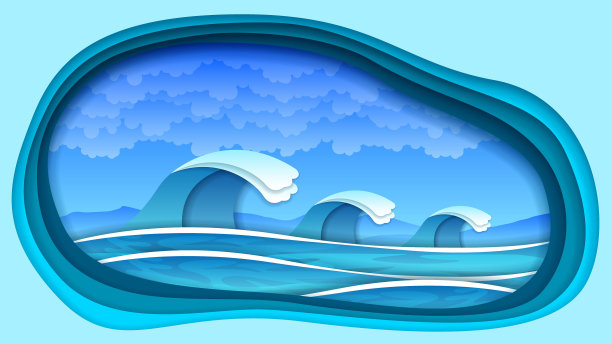 摘要剪纸海海浪飞溅水云蓝色背景矢量设计风格图片下载