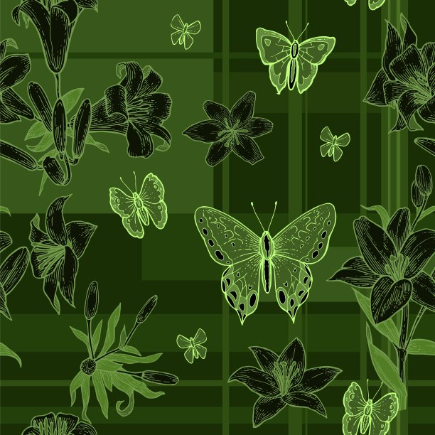 莉莉花。墙纸和织物的无缝图案。背景说明。手绘轮廓。园林植物的开花抽象的花卉图片与蝴蝶。向量图片下载