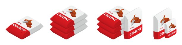 水泥袋的等距矢量图孤立在白色上。纸袋矢量图标。卡通等距水泥袋与泥铲和砖块的图片。建筑材料。图片下载