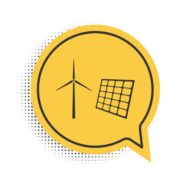 黑色风车涡轮机发电和太阳能电池板图标孤立在白色背景。能源替代，可再生能源的概念。黄色语音气泡符号。向量图片下载