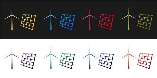 设置风力涡轮机发电和太阳能电池板图标隔离在黑白背景。能源替代，可再生能源的概念。向量图片下载