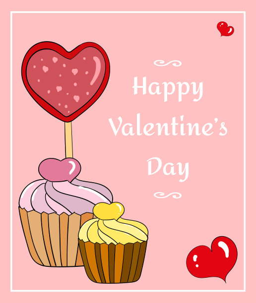 情人节贺卡涂鸦风格心形和松饼，不同颜色的纸杯蛋糕。方形框架。青春的节日。贺卡,海报。图片下载