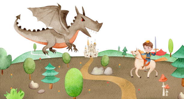 一个王子与巨大的吓人的龙战斗的插图。美丽的童话城堡的背景。山上的水彩画城堡，周围有树木、蘑菇和植物。图片下载