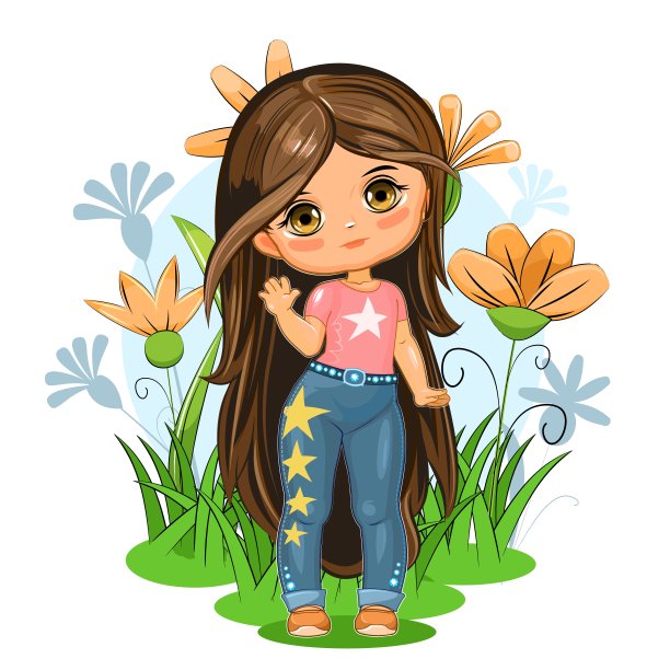 可爱的小女孩穿着缀满星星的牛仔裤。开朗风趣的孩子心情好。白色背景上的孤立物体。穿着沙滩装的婴儿。卡通平的风格。向量图片下载