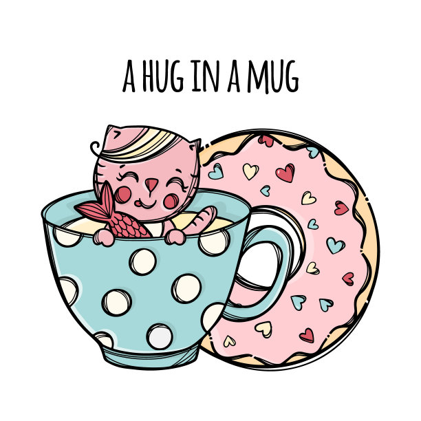 马克杯和甜甜圈猫卡通剪辑艺术矢量插图集图片下载