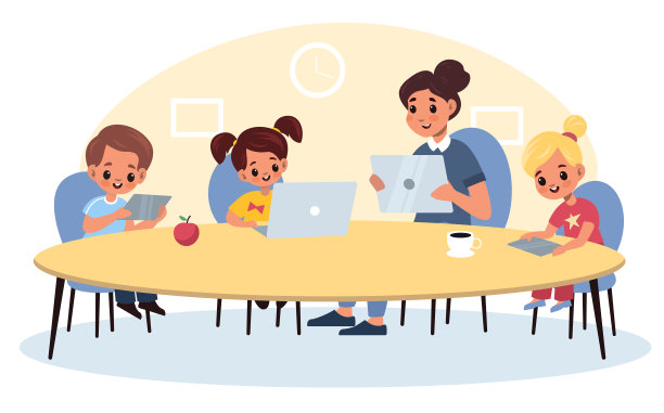 现代电子教学。孩子和老师在课堂上使用现代设备，孩子用平板电脑和笔记本电脑上课，用电脑学习新的教育科目。平面向量的概念图片下载