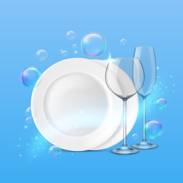 菜洗。现实的闪亮的盘子干净，新鲜的瓷盘，葡萄酒和香槟杯，到处都是肥皂泡。餐具洗后矢量洗碗孤立概念图片下载