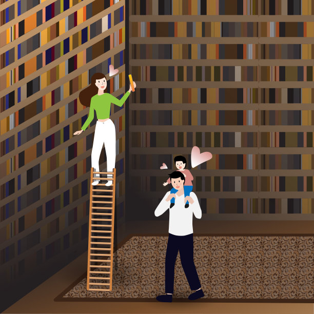 快乐的父母和孩子们在书房里摆着书和楼梯。不同世代的家庭在一起。孤立的矢量图。卡通家庭时间与婴儿，母亲，父亲，孩子与爱在棕色的颜色风格。图片下载