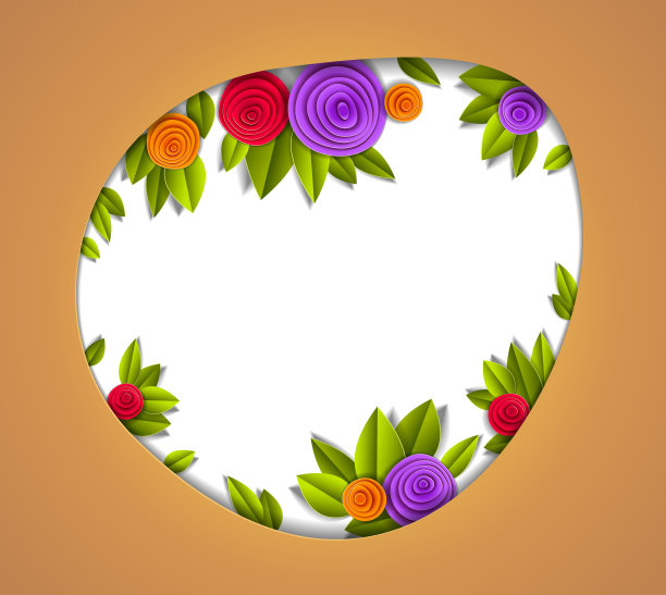 背景与花和叶子剪纸风格，复制空间的文字，矢量花卉插图。婚礼请柬或浪漫贺卡。图片下载