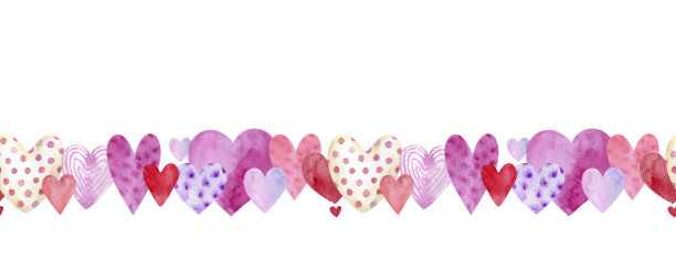 无缝边框与多色心，水彩插图手绘在白色背景图片下载