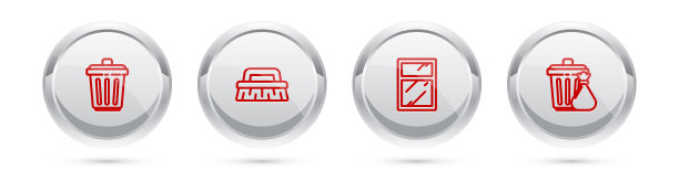 设垃圾筒，清洁刷，清洁服务窗口和垃圾袋。银圈按钮。向量图片下载