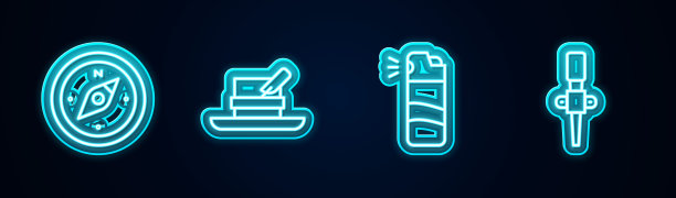 设置线指南针，猎人帽子羽毛，胡椒喷雾和火炬火焰。发光的霓虹灯图标。向量图片下载