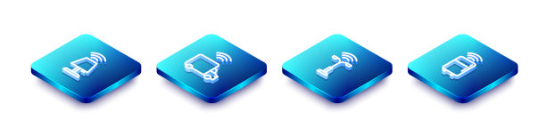 设置等距线智能台灯，卡车，路灯和冰箱图标。向量图片下载