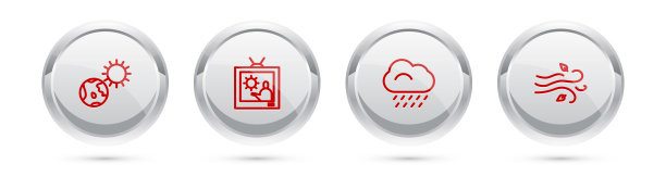 设置地球仪和太阳，天气预报，云，雨和风。银圈按钮。向量图片下载