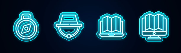 设置线指南针，露营帽，森林的位置笔记本电脑和显示器。发光的霓虹灯图标。向量图片下载