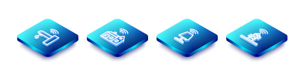 设置等距线智能水龙头，家用无线，台灯和无线天线图标。向量图片下载
