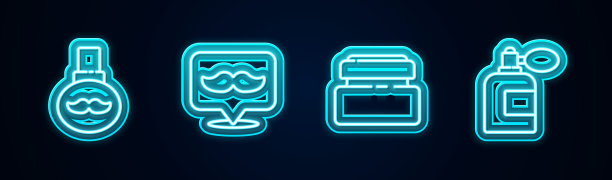 胡须和胡须护理油瓶，理发店，护肤霜或乳液化妆品管和须后水与喷雾器。发光的霓虹灯图标。向量图片下载