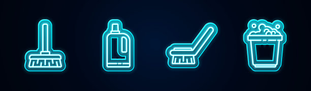 设置线处理扫帚，织物柔软剂，清洁刷和桶与肥皂泡沫。发光的霓虹灯图标。向量图片下载