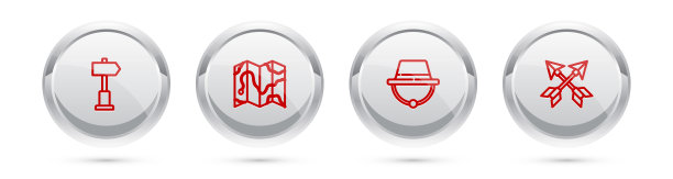 设置路线交通路标，地图上的森林位置，露营帽和十字箭头。银圈按钮。向量图片下载