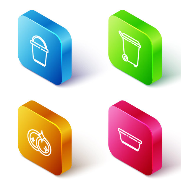 设定等距线桶，垃圾桶，洗碗和塑料盆图标。向量图片下载