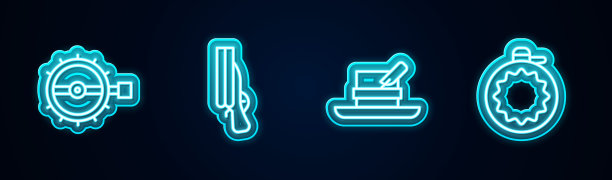 设陷阱，猎枪，带羽毛的猎人帽和水壶。发光的霓虹灯图标。向量图片下载