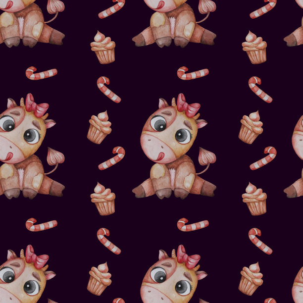 无缝图案的可爱动物。一头戴着红色蝴蝶结的小母牛坐在那里，舔着她的嘴唇，背景是深紫色的糖果、甜点和焦糖。水彩。儿童收集图片下载