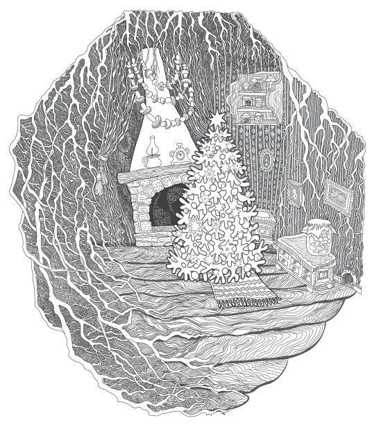 明信片圣诞贺卡，新年晚会请柬。儿童和成人涂色书页，幻想空心树屋在童话森林。线条艺术轮廓素描。t恤打印图片下载