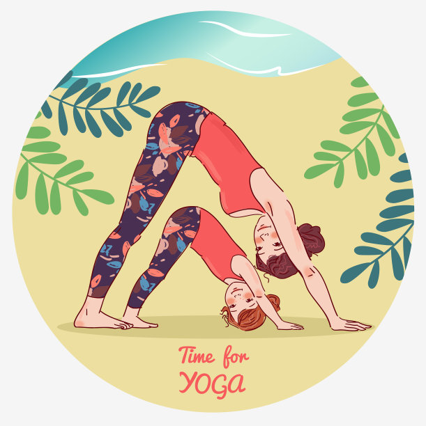 母亲和女儿在做瑜伽。夏天的风景背景图片下载