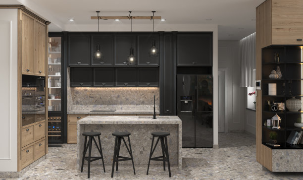 现代风格厨房与客厅结合，3D插画图片下载