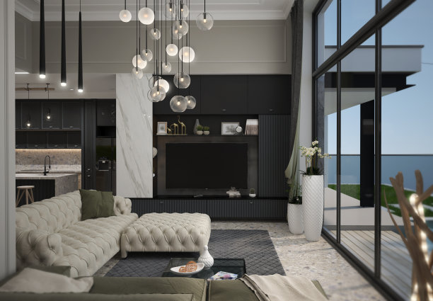 当代风格的客厅布置和公寓布局，3D插图图片下载