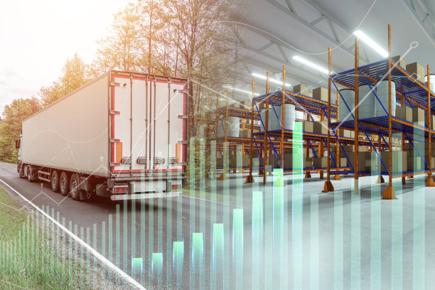 卡车和集装箱数字图形。申请跟踪包裹，网上快递服务，物流。图片下载