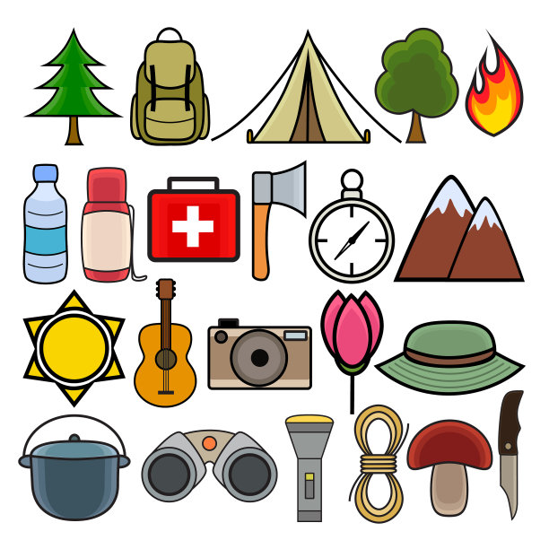 彩色套装露营和徒步旅行在现代平面设计图片下载
