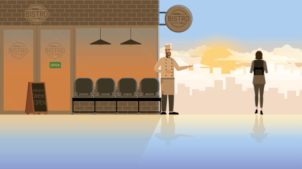 经济危机失败问题概念的空小酒馆餐厅。小企业主兼厨师胡子男子站在前面的商店，邀请客户在一个通路。独自在清晨日出。图片下载