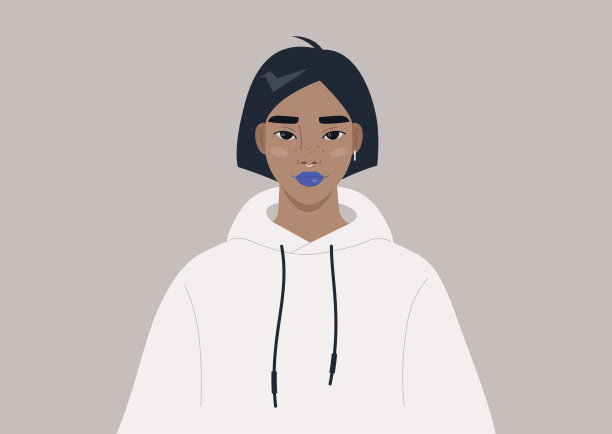 z一代的生活方式，一个年轻的女性角色穿着时髦的衣服和亮蓝色的口红，青年亚文化图片下载