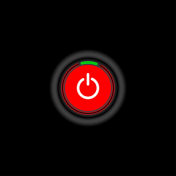 开关按式电源红色，绿色霓虹灯按钮，开关按钮被黑色背景的红色图标包围，图片下载