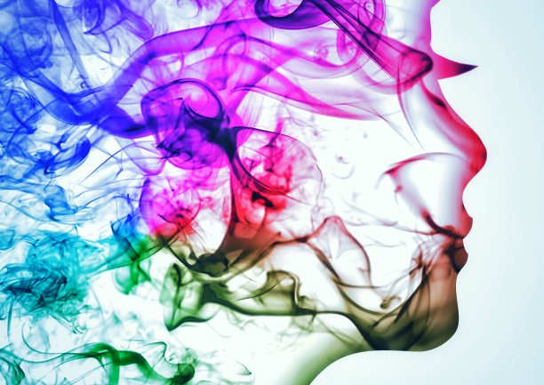 一个抽象的女人的侧面画彩色烟雾的3D插图图片下载