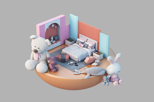 儿童卧室组成的3d渲染图片下载